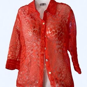 Red Sheer lace short sleeve button up blouse Mirasol M